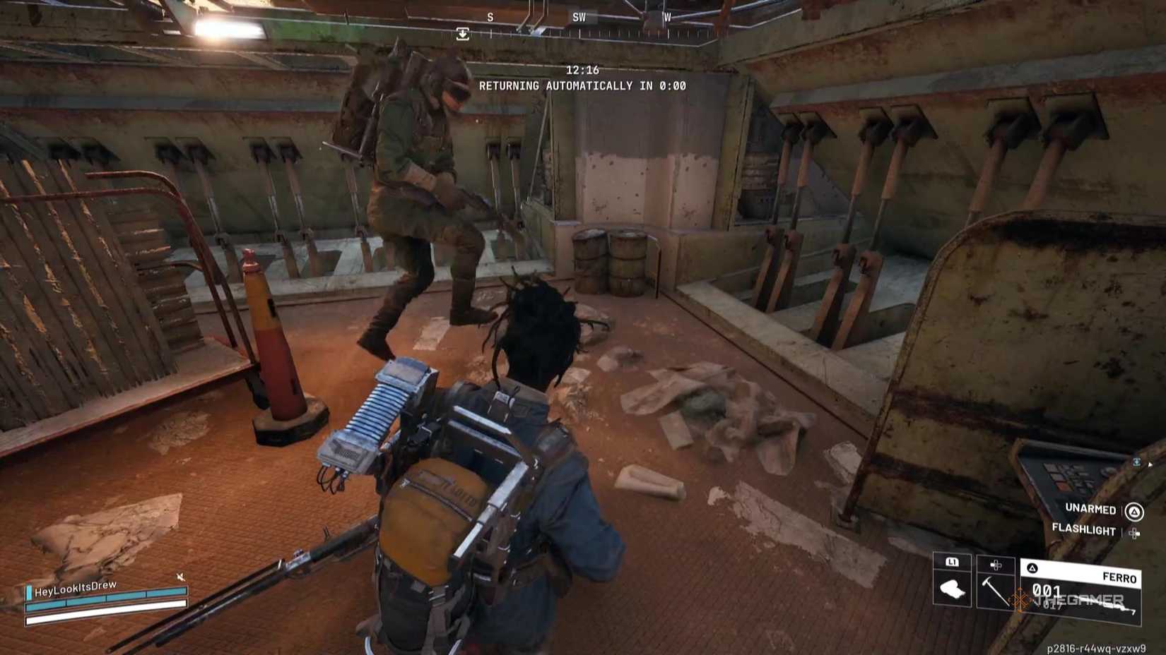 In Arc Raiders' extraction elevator, a character leaps in front of another character.
