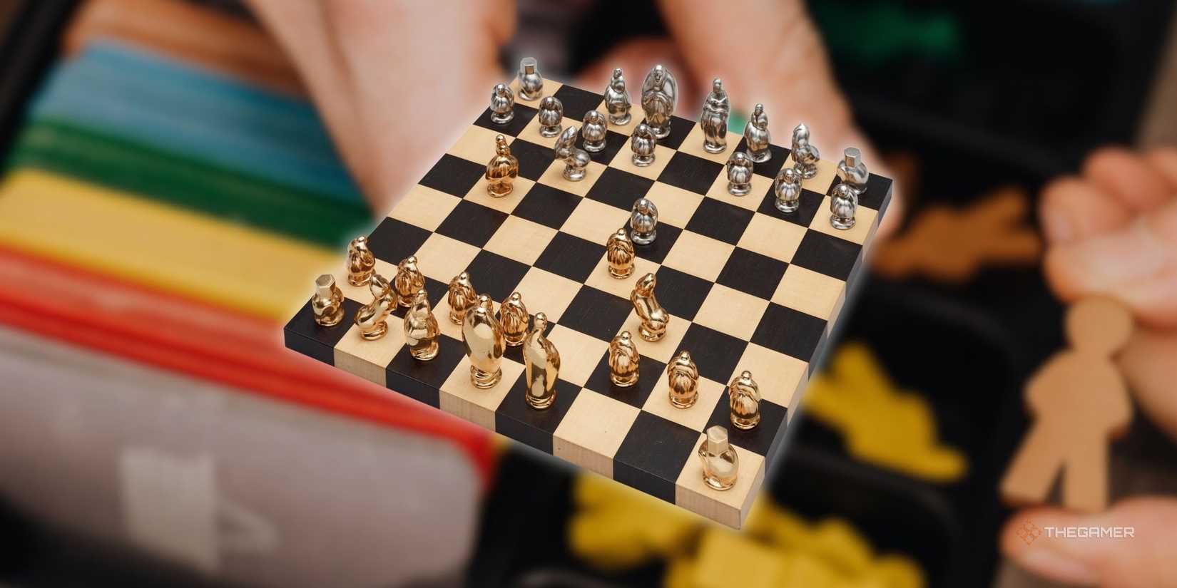 A chessboard in front of a blurry image of someone preparing to play a board game.
