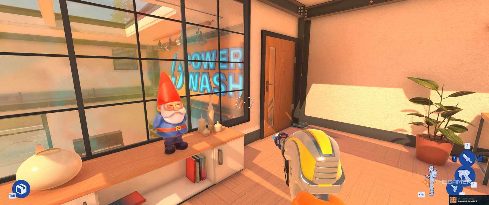 A gnome on the shelf in home base in powerwash simulator 2.