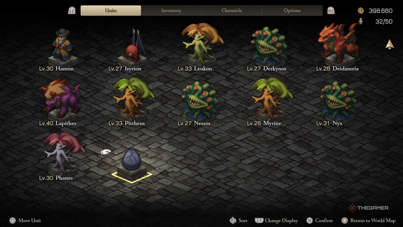 A party menu filled with monsters and eggs from Final Fantasy Tactics The Ivalice Chronicles.