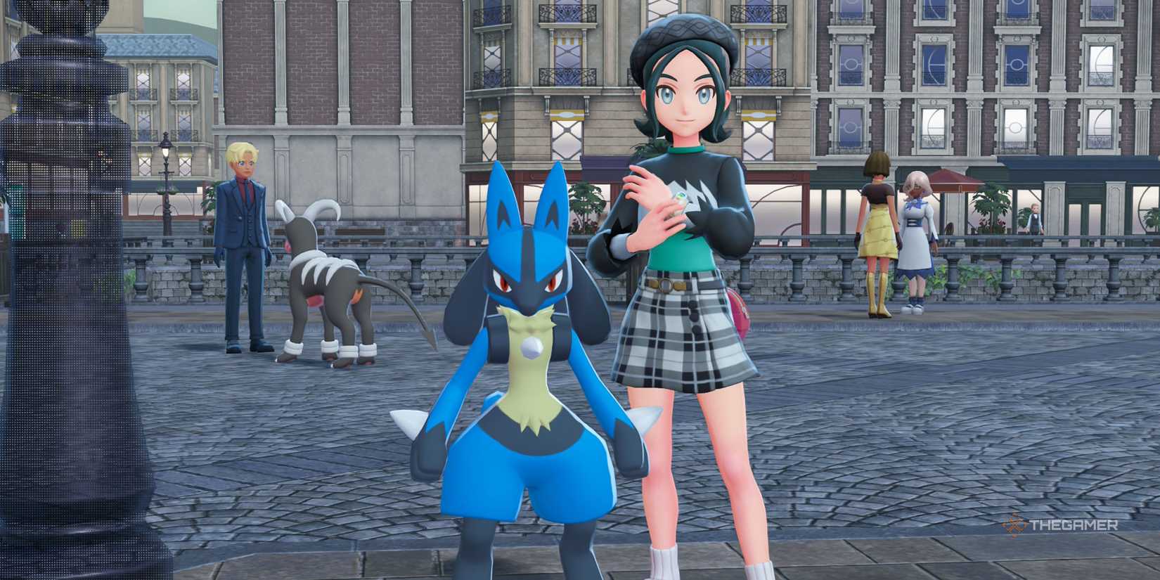 A player next to Lucario in Pokemon Legends ZA.