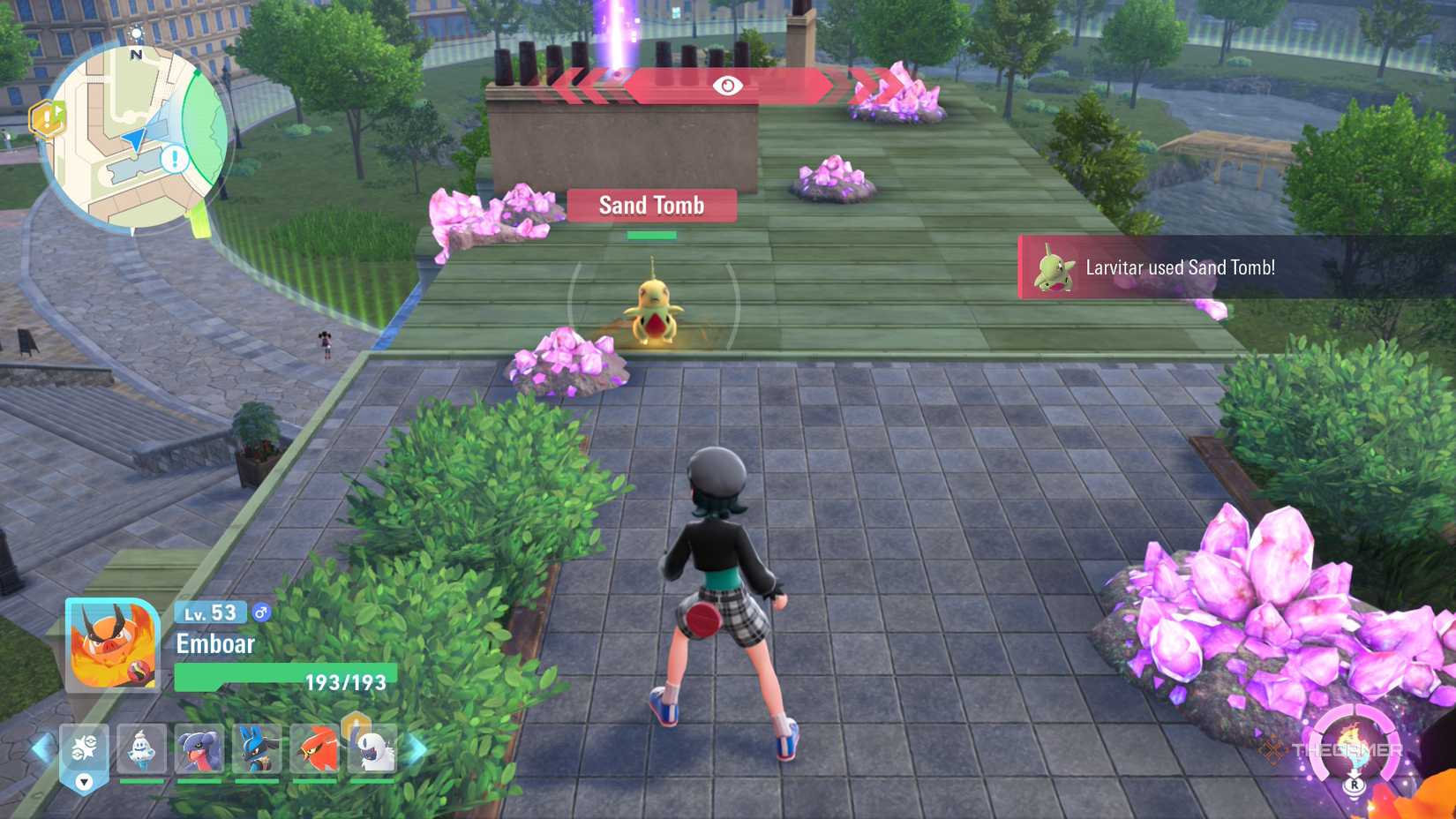 A player near Larvitar in Pokemon Legends ZA.