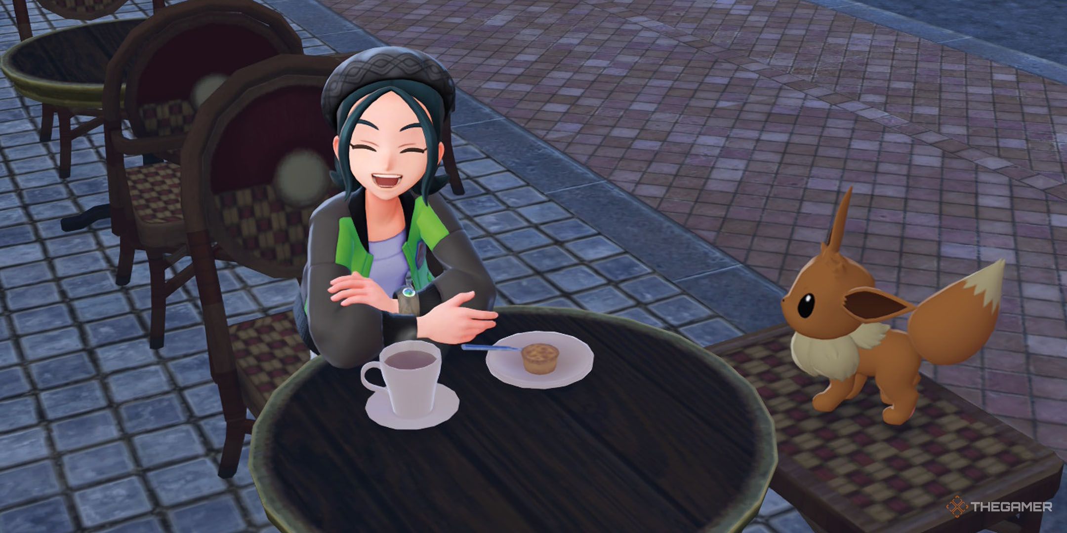 A player sat at a cafe with an Eevee in Pokemon Legends Z-A.