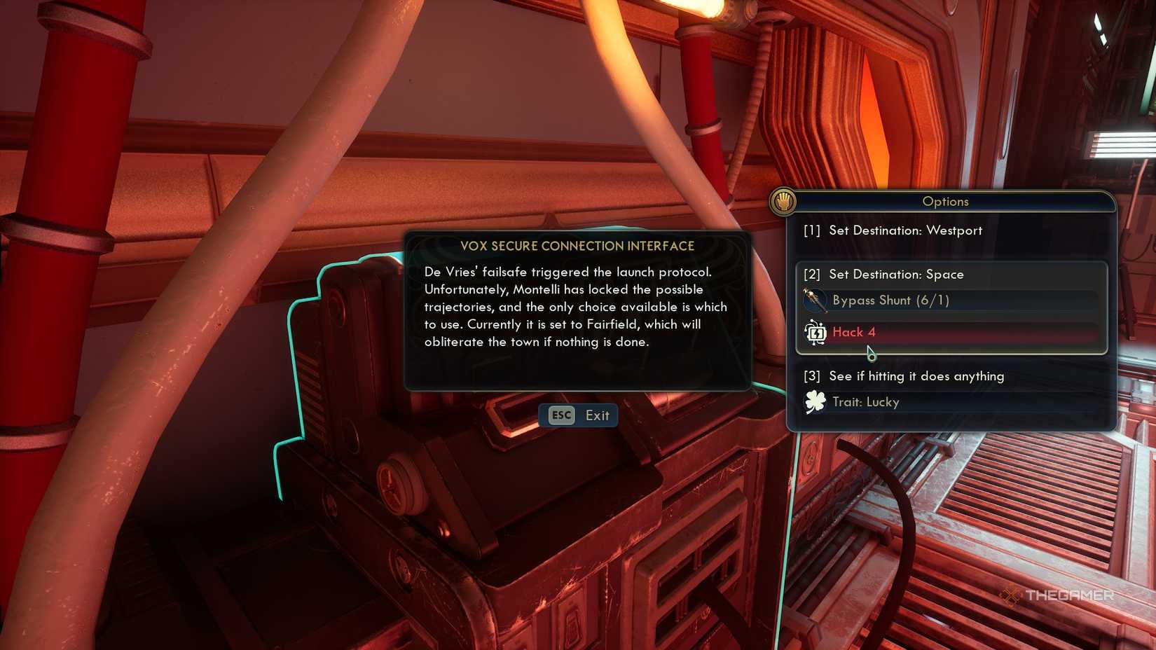 A popup in The Outer Worlds 2, prompting the player to choose which city to destroy from Westport or Fairfield. They can also try to redirect it into space