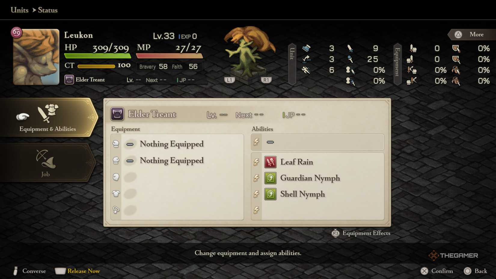 Statistics for a recruited Elder Treant in Final Fantasy Tactics The Ivalice Chronicles.