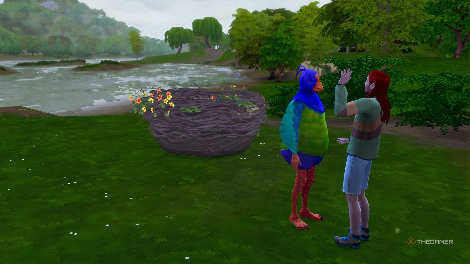 A Sim greeting the Plumbird at her nest in The Sims 4 Adventure Awaits.