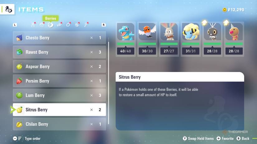 Citrus Berry in the player's inventory in Pokemon Legends ZA.