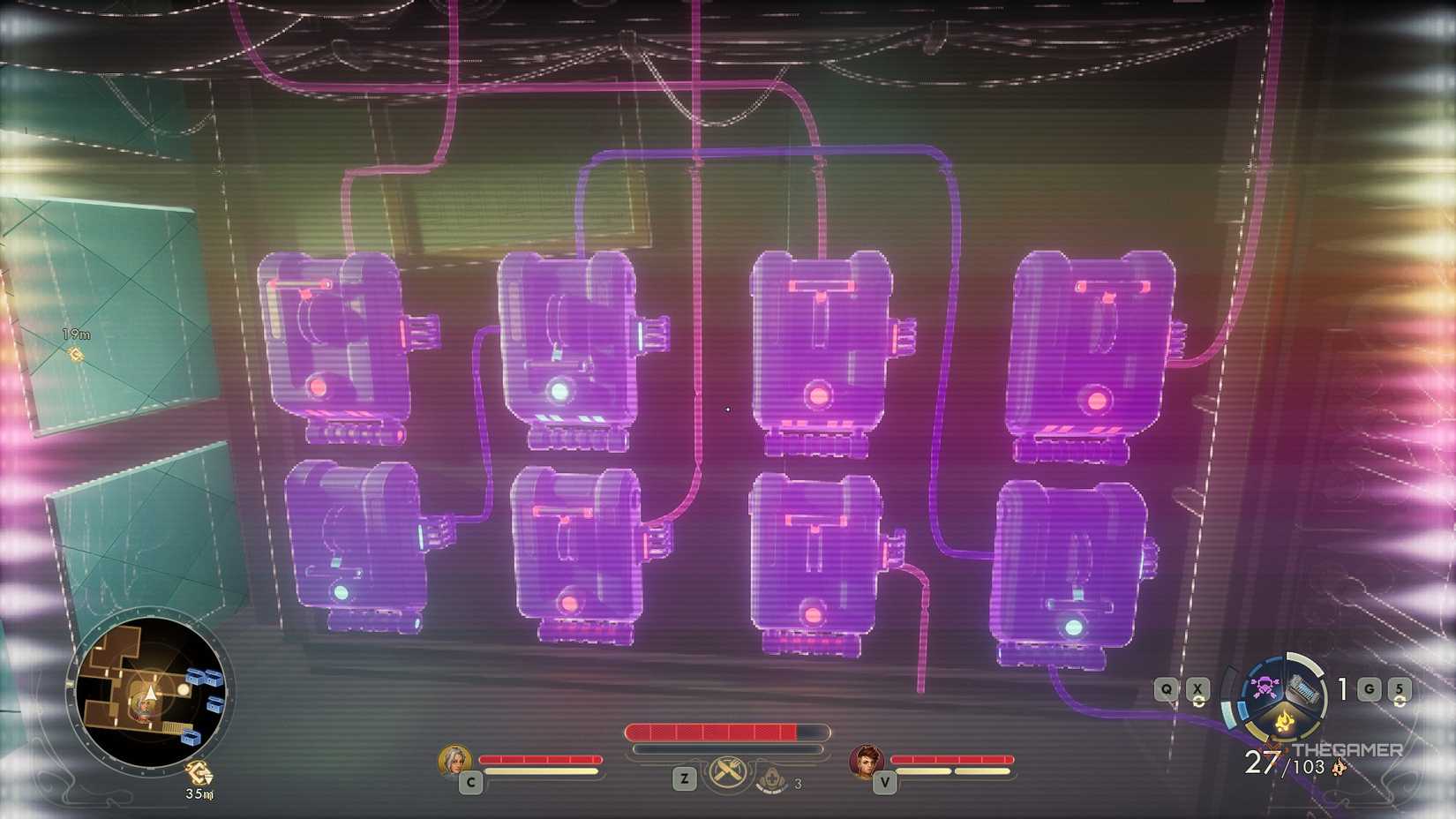 A wall full of switches in The Outer Worlds 2. 3 of them are on. Players use the device to check wiring through walls.