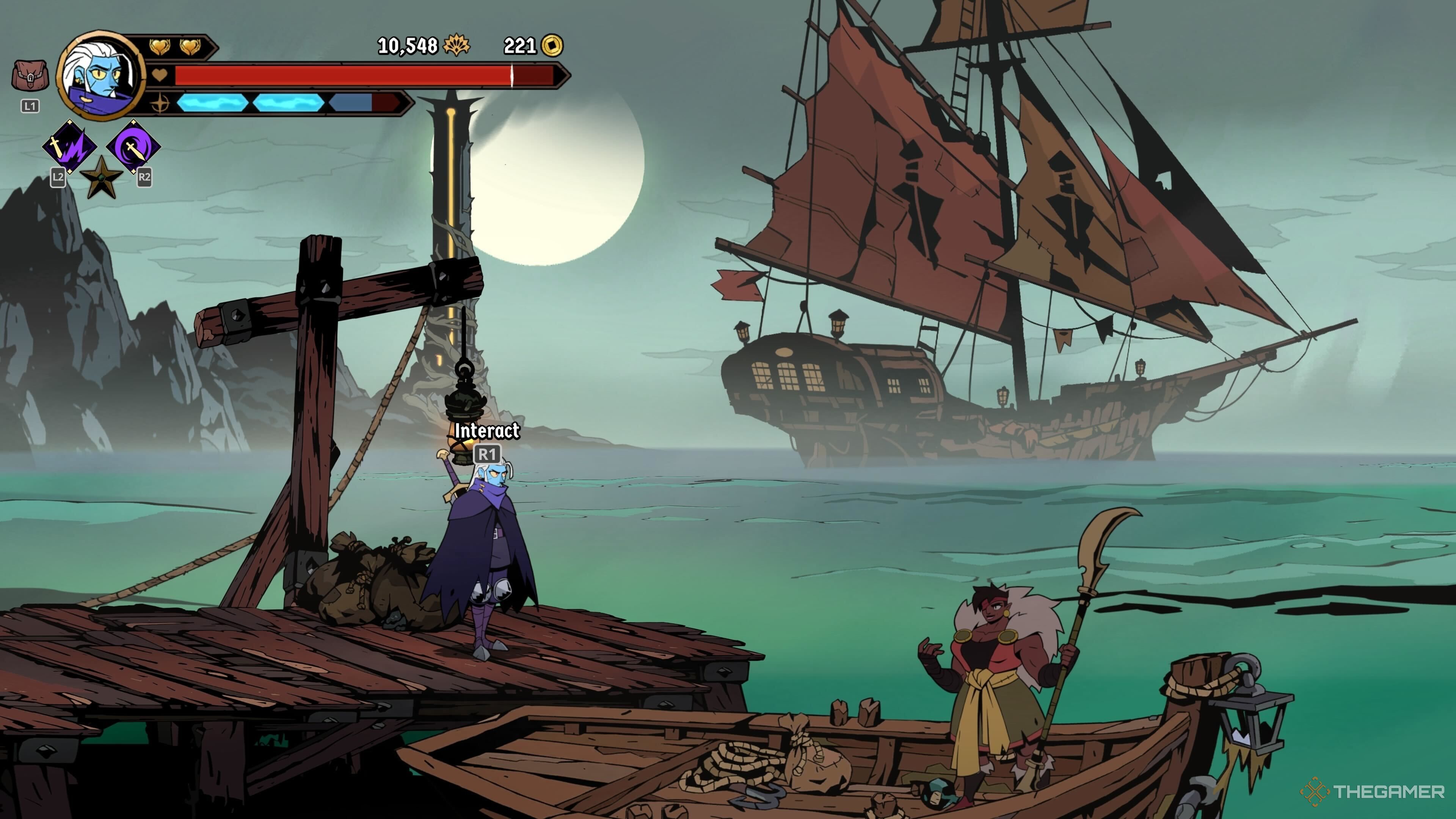 Galandra standing next to Jafari's boat in Absolum.