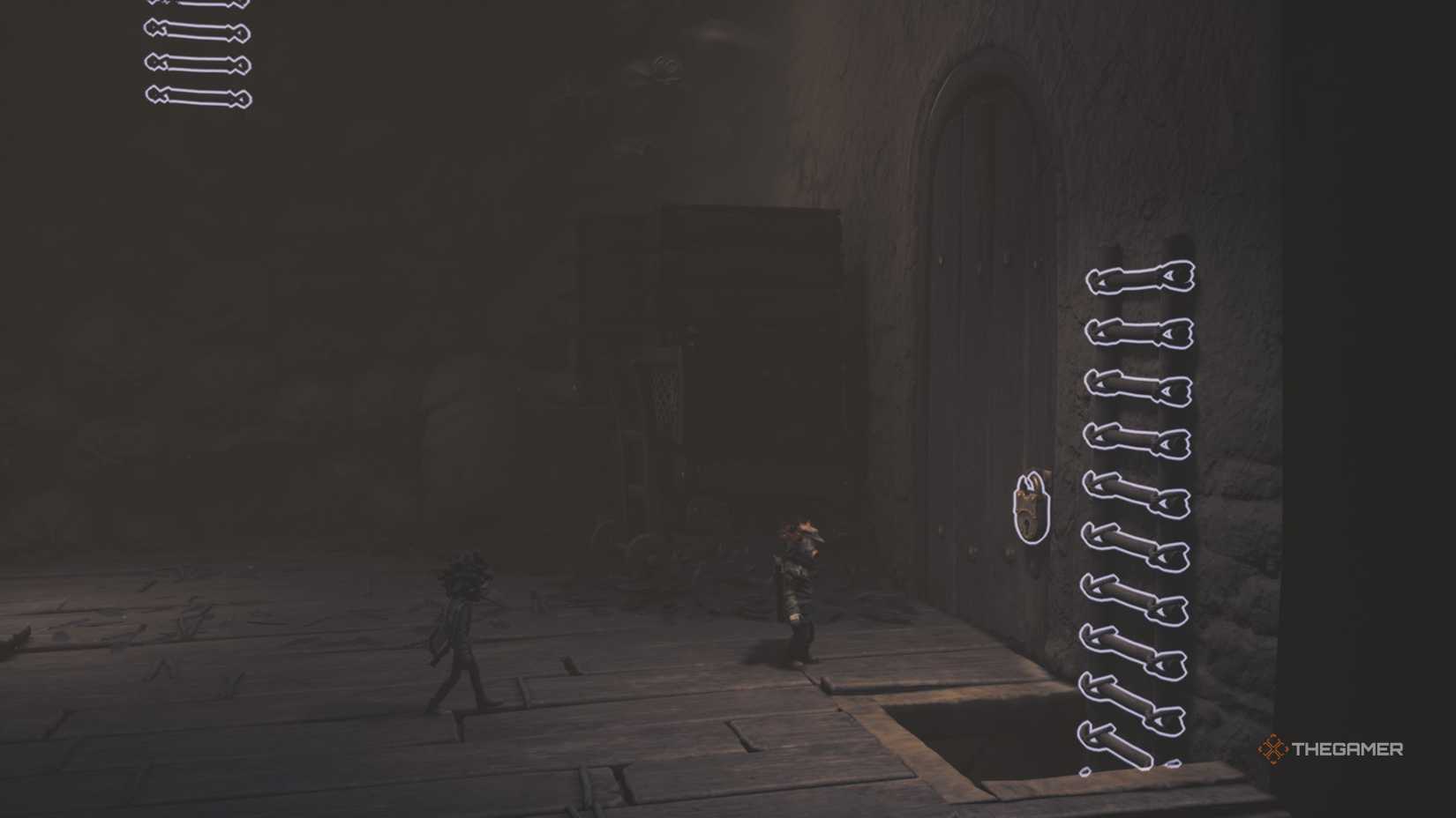 Alone and Low standing in front of a locked door in Little Nightmares 3.