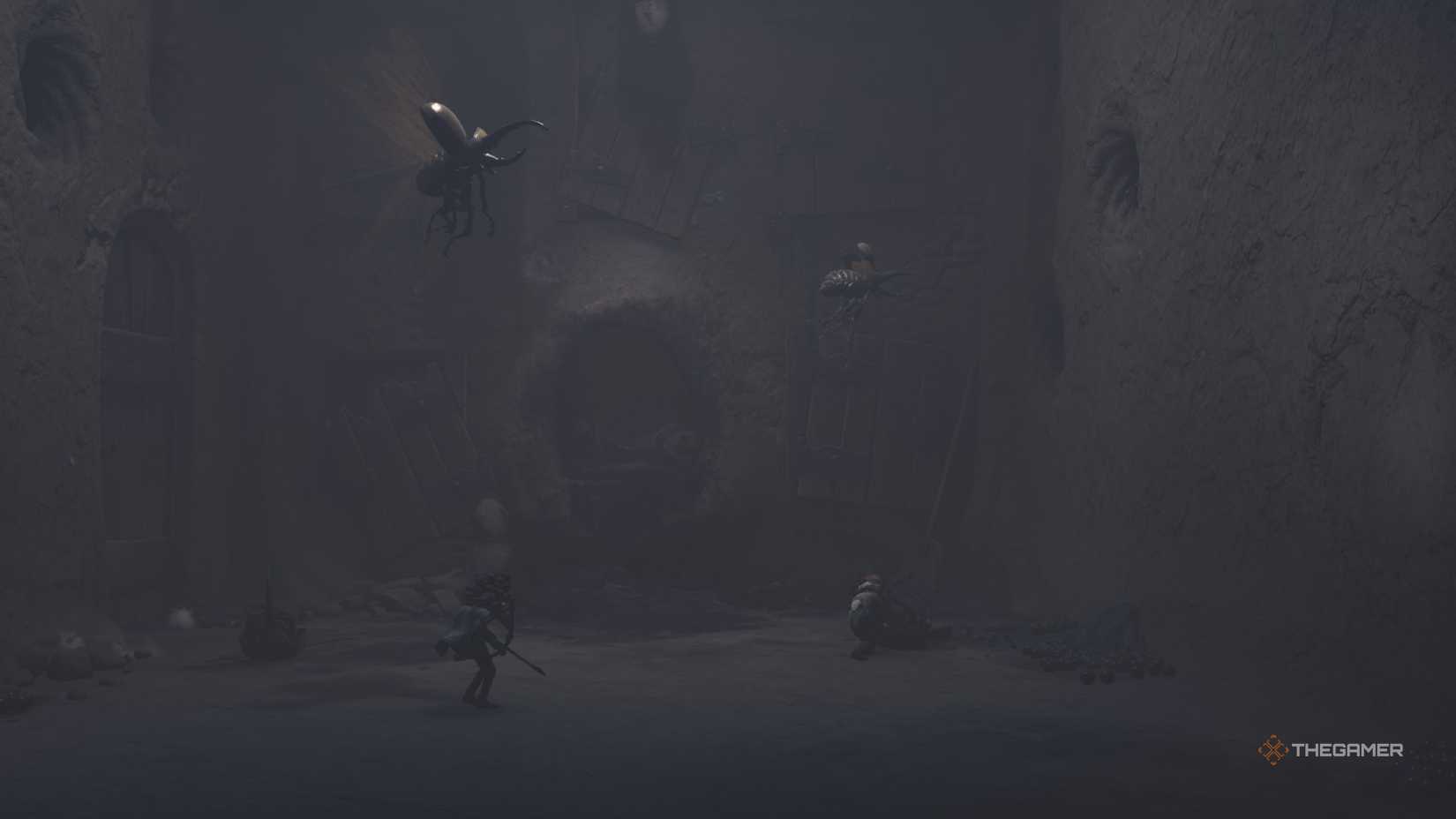 Alone smashing a beetle in Little Nightmares 3.