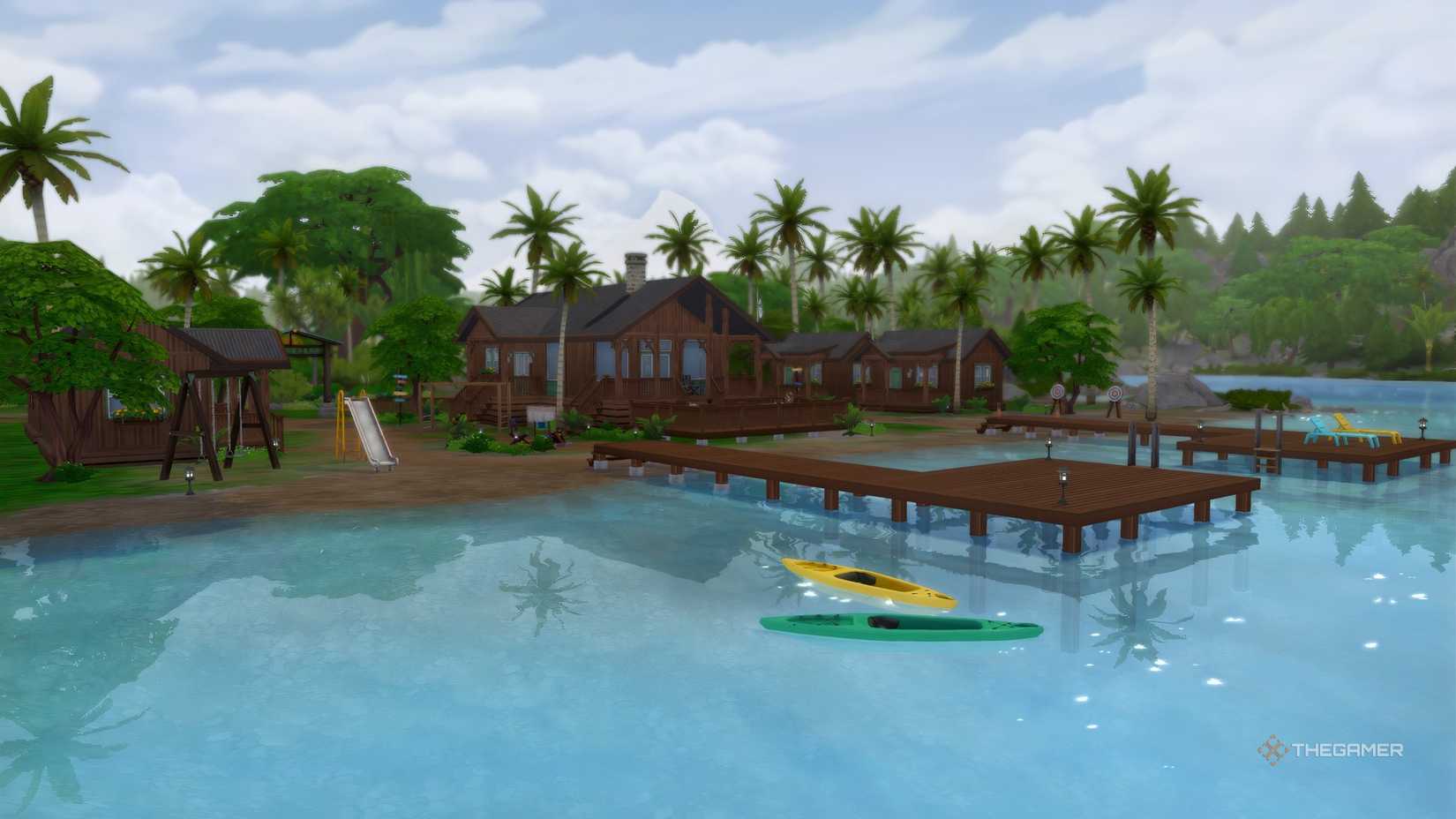 An overhead shot from the water at Camp Gibbi Gibbi in The Sims 4 Adventure Awaits.