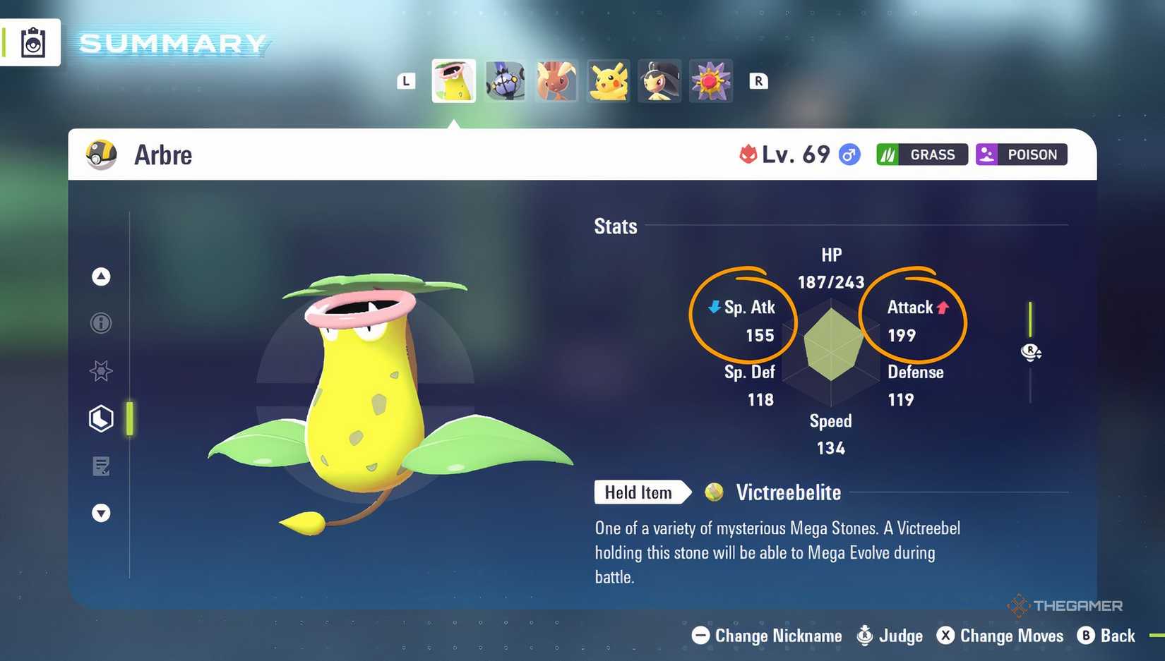 An overview of Victreebell's statistics showing the effects of nature in Pokemon Legends ZA.