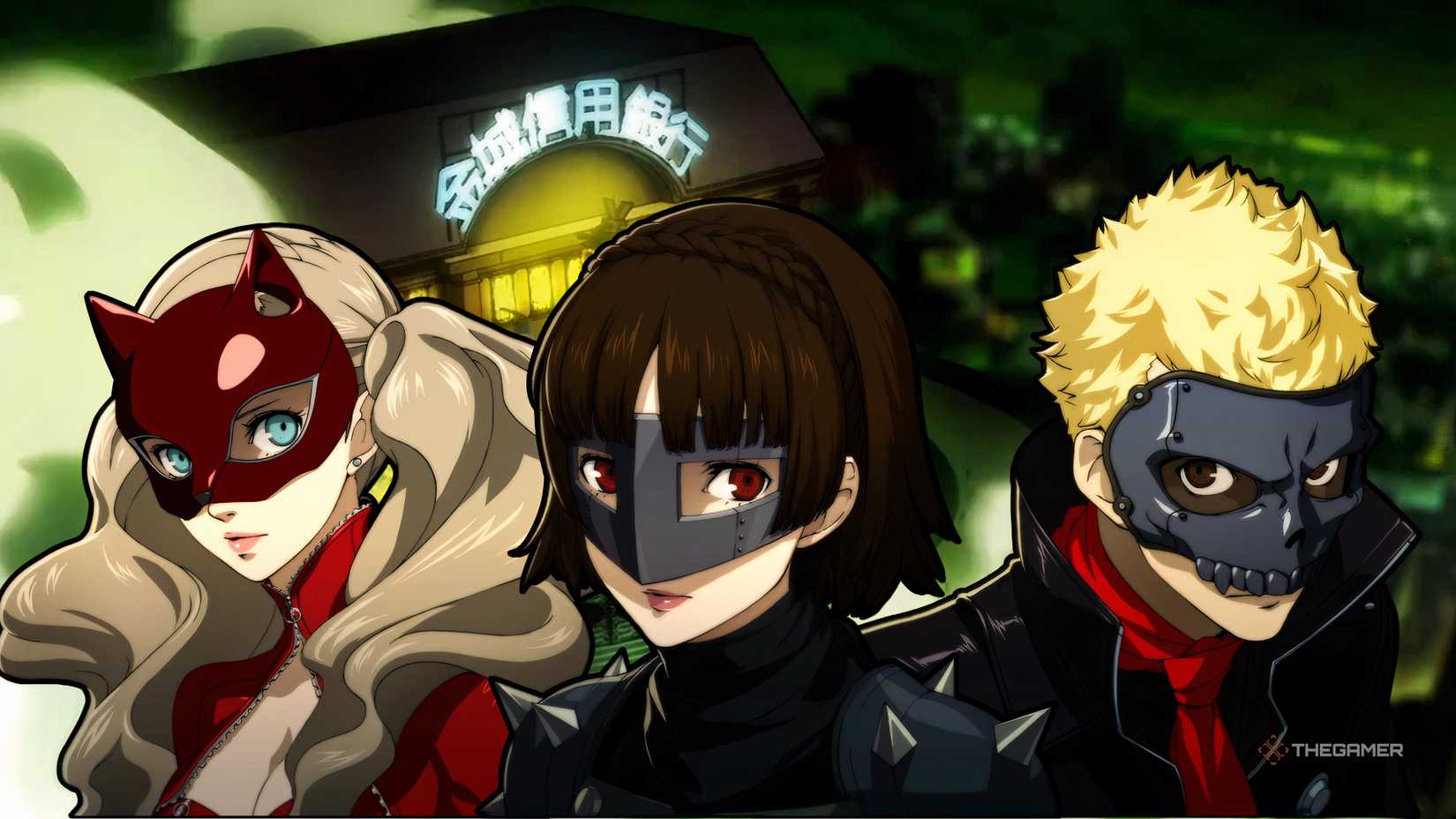Ann, Makoto, and Ryuji in front of Kaneshiro's Bank Palace for the Persona 5 Royal Best Team for Each Palace guide.