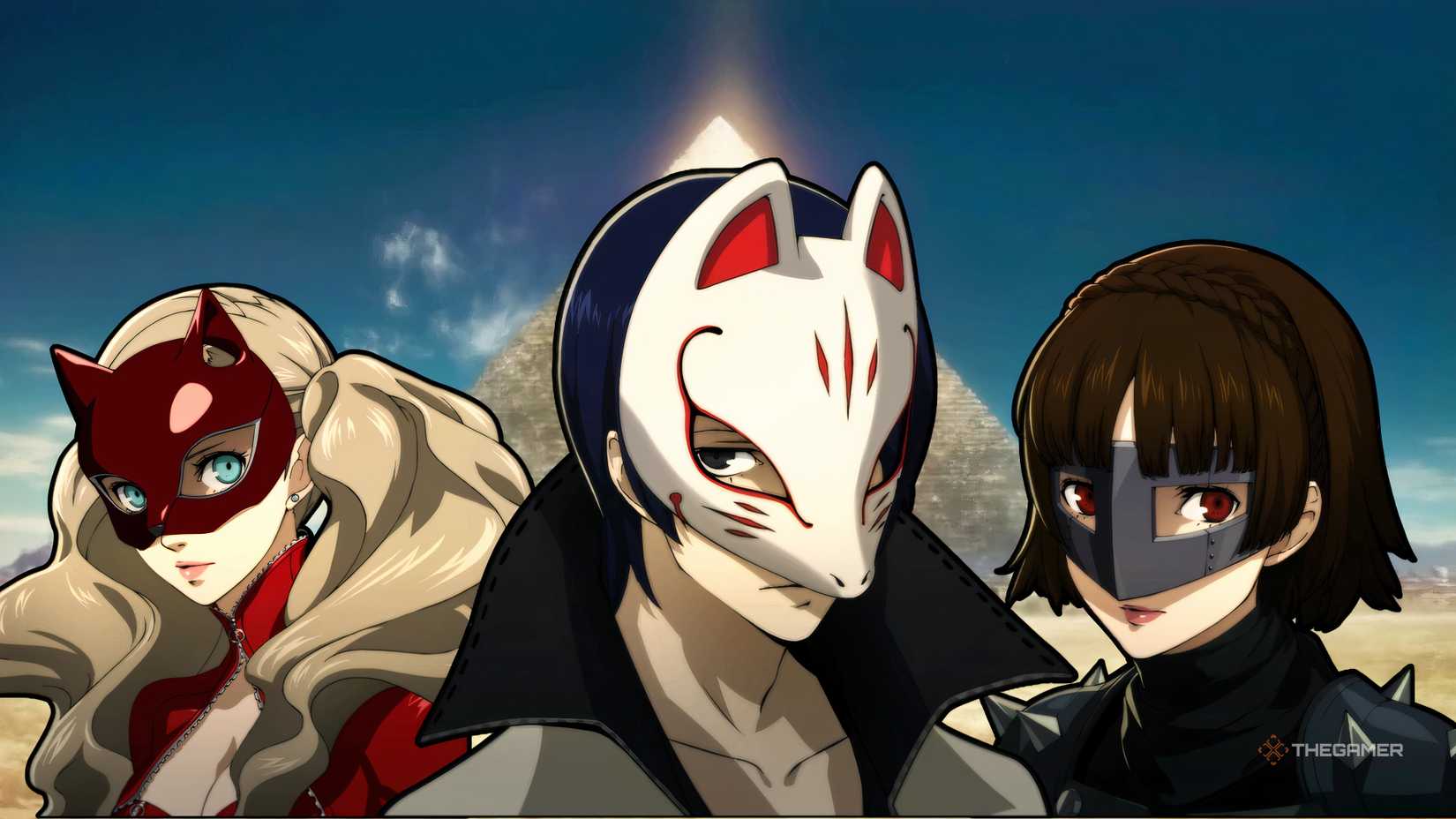 Ann, Yusuke, and Makoto in front of Futaba's Pyramid Palace for the Persona 5 Royal Best Team for Each Palace guide.