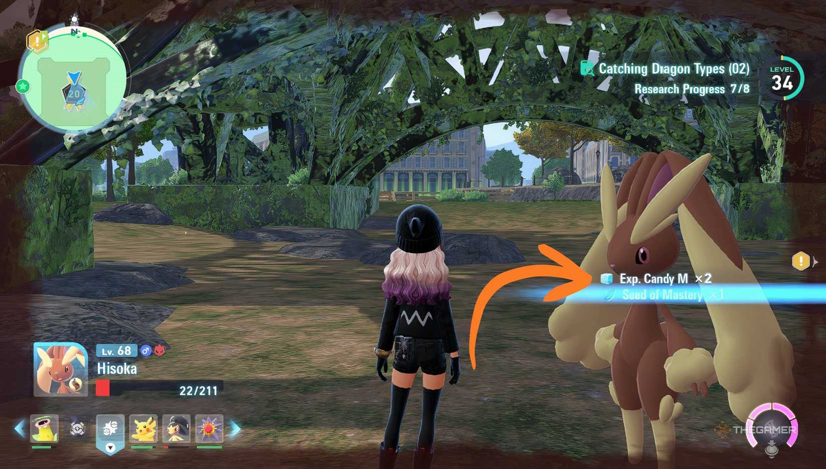 Arrow pointing to EXP Candy being earned in Pokemon Legends Z-A.