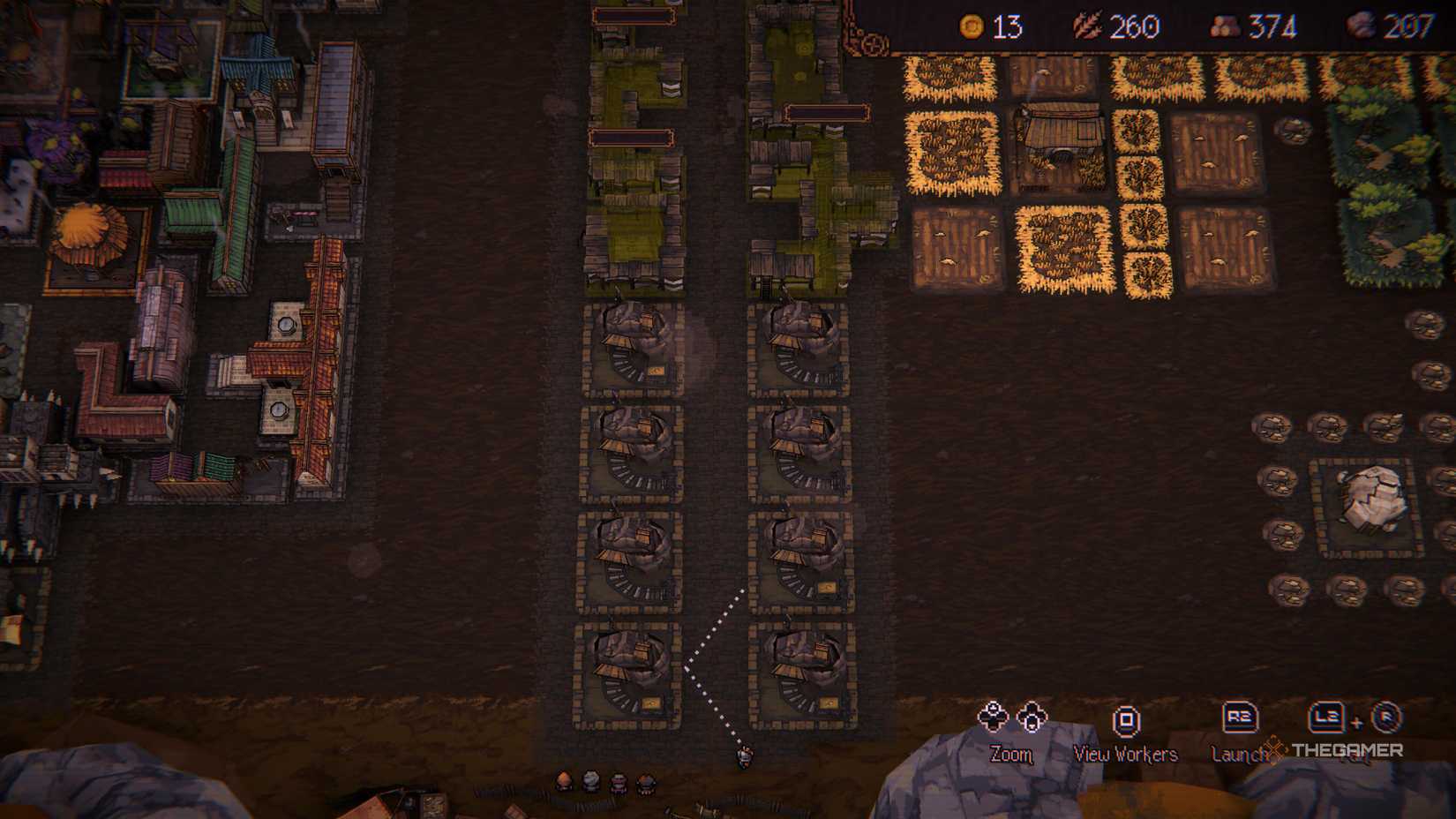 Two horizons full of gold mines and workers targeting them in Ball x Pit.