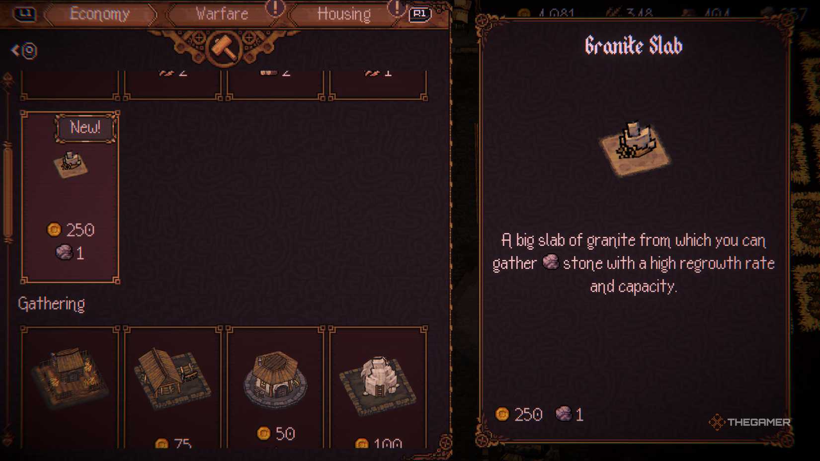 Economy tab showing Granite Slab buildings in Ball x Pit.