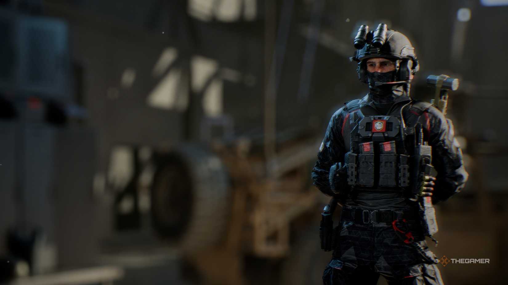 Battlefield 6 assault soldier standing with his arms crossed.