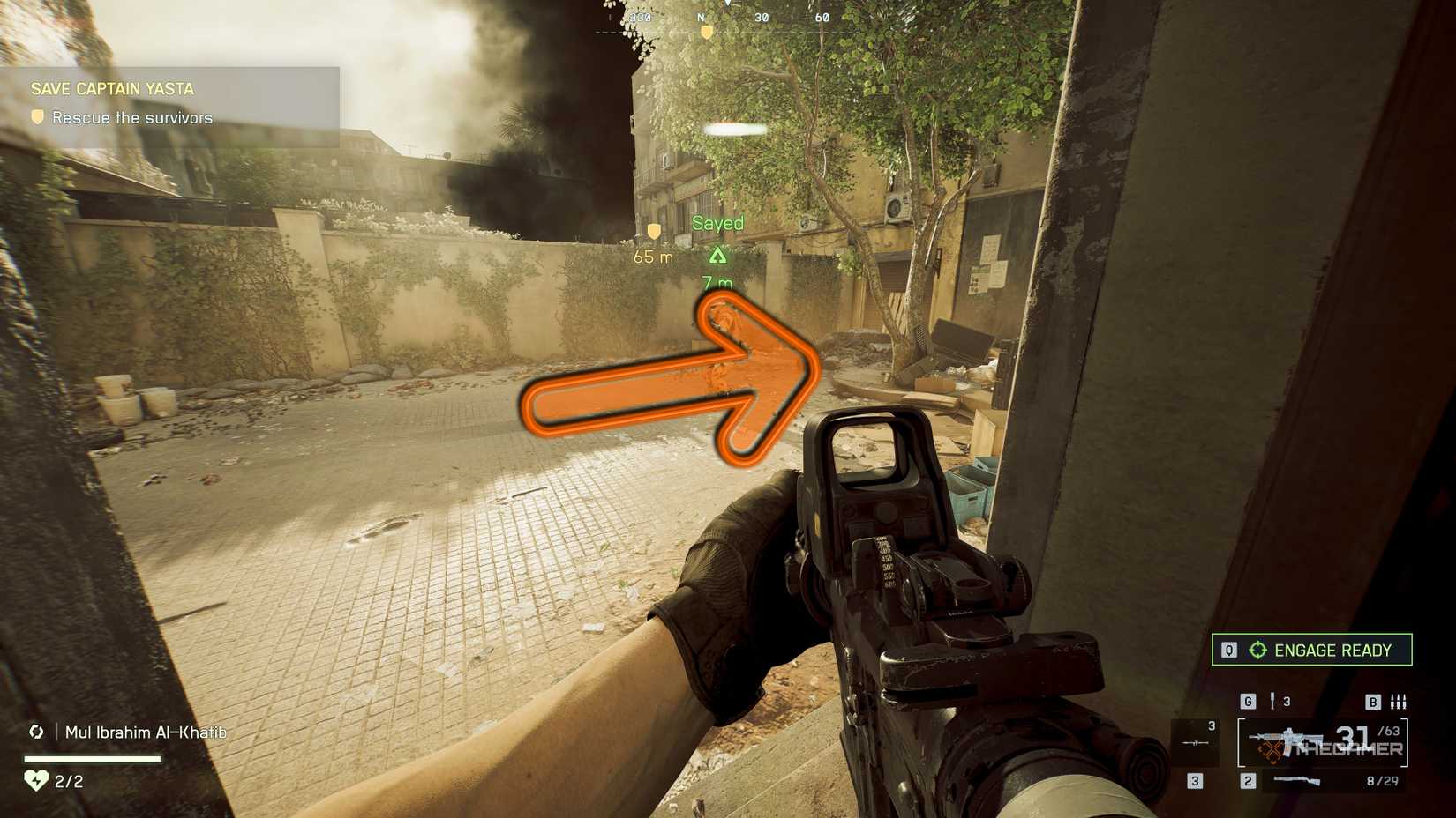 A Battlefield 6 player entering a small courtyard with an orange arrow pointing to a tree.