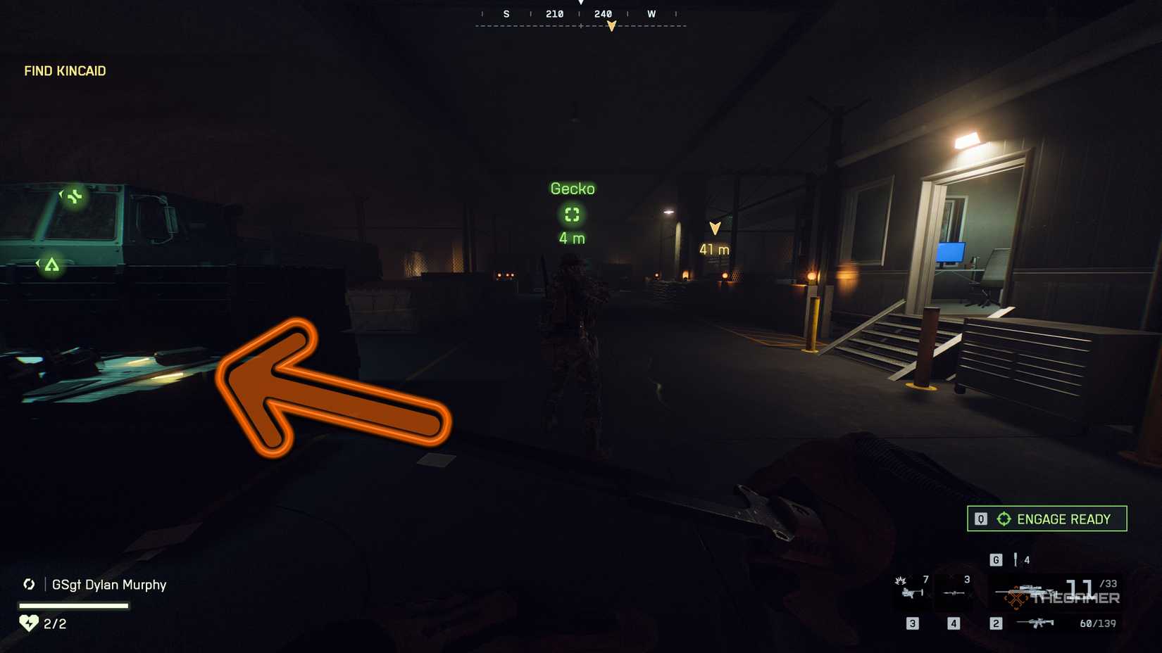 Battlefield 6 player in a dark bunker with an orange arrow heading to the left.