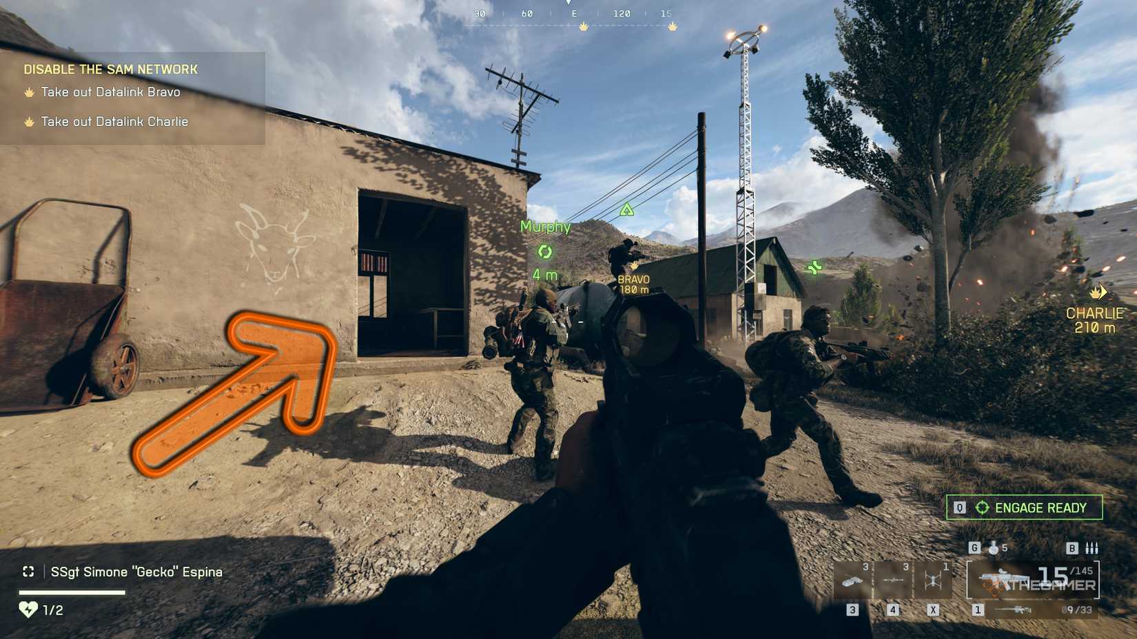 The warfare PLACE PLACE PLAIL IN A PAX OUTPOST, a Andrerase El Skiens pointing to a small building.