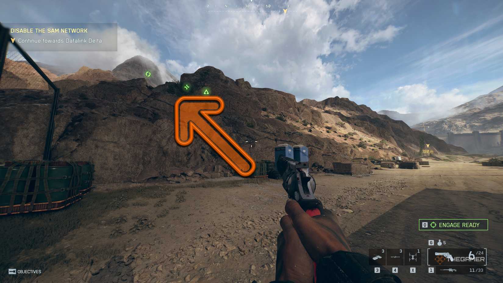 The battlefield is hidden a snaker's nest by looking at a mountain with an orange arrow.