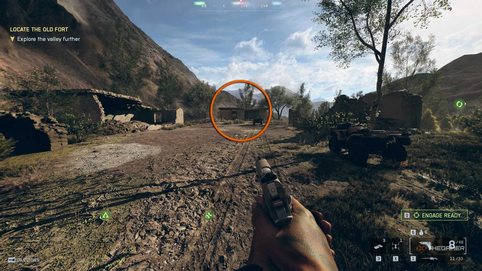 Wandering Areas ARly Player looking at the end of a dirty track, highlighted by an orange circle.