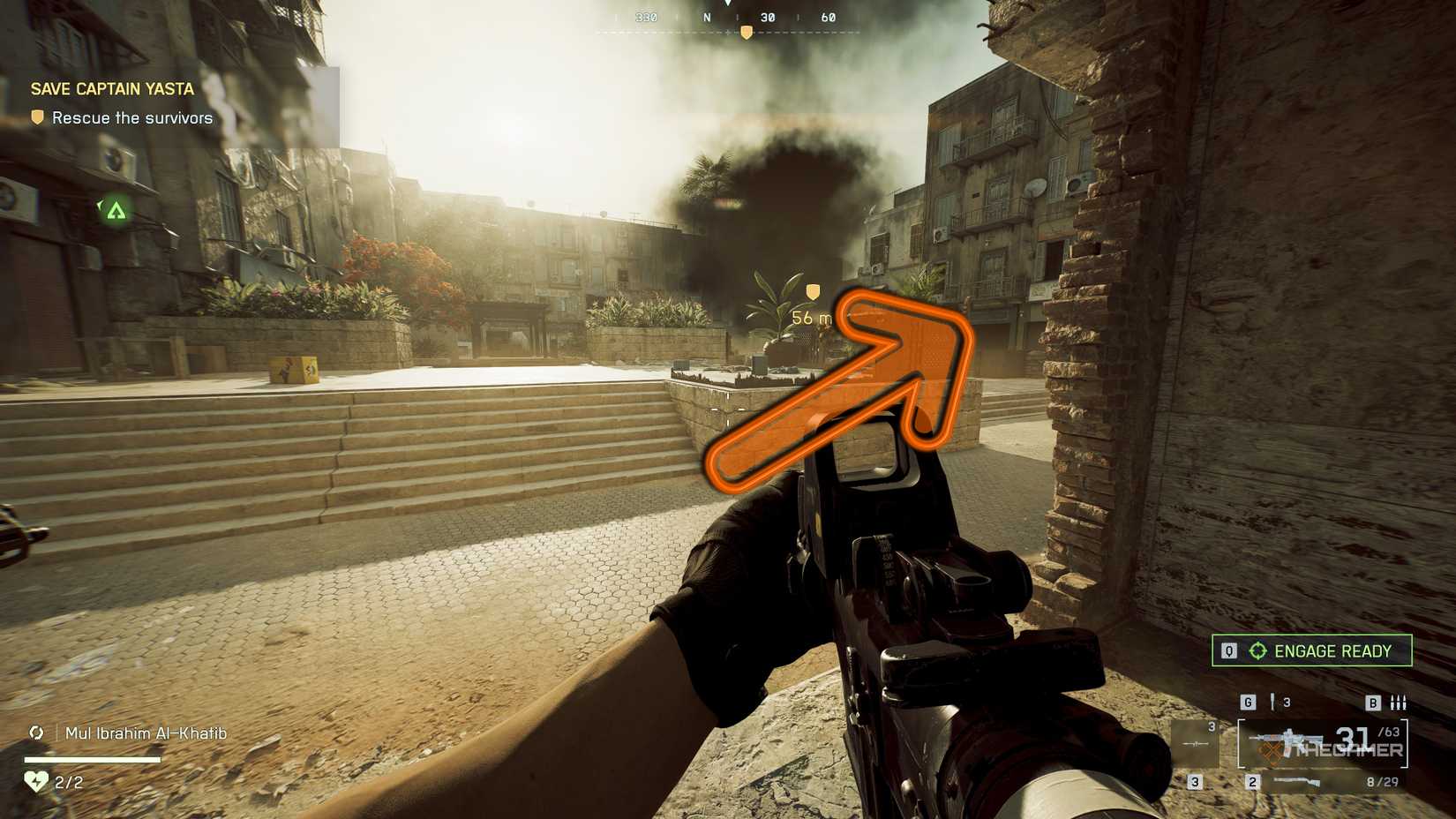 A Battlefield 6 player looking into a plaza with an orange arrow pointing to a blue doorway.