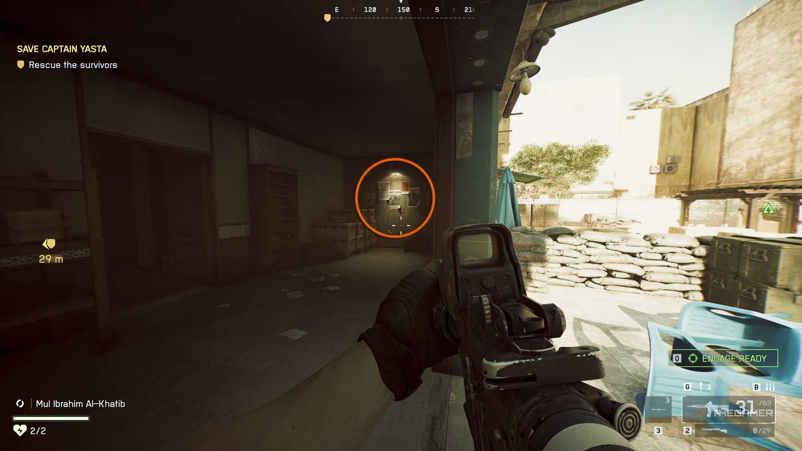 A Battlefield 6 player looks into a room with a poster highlighted in an orange circle.