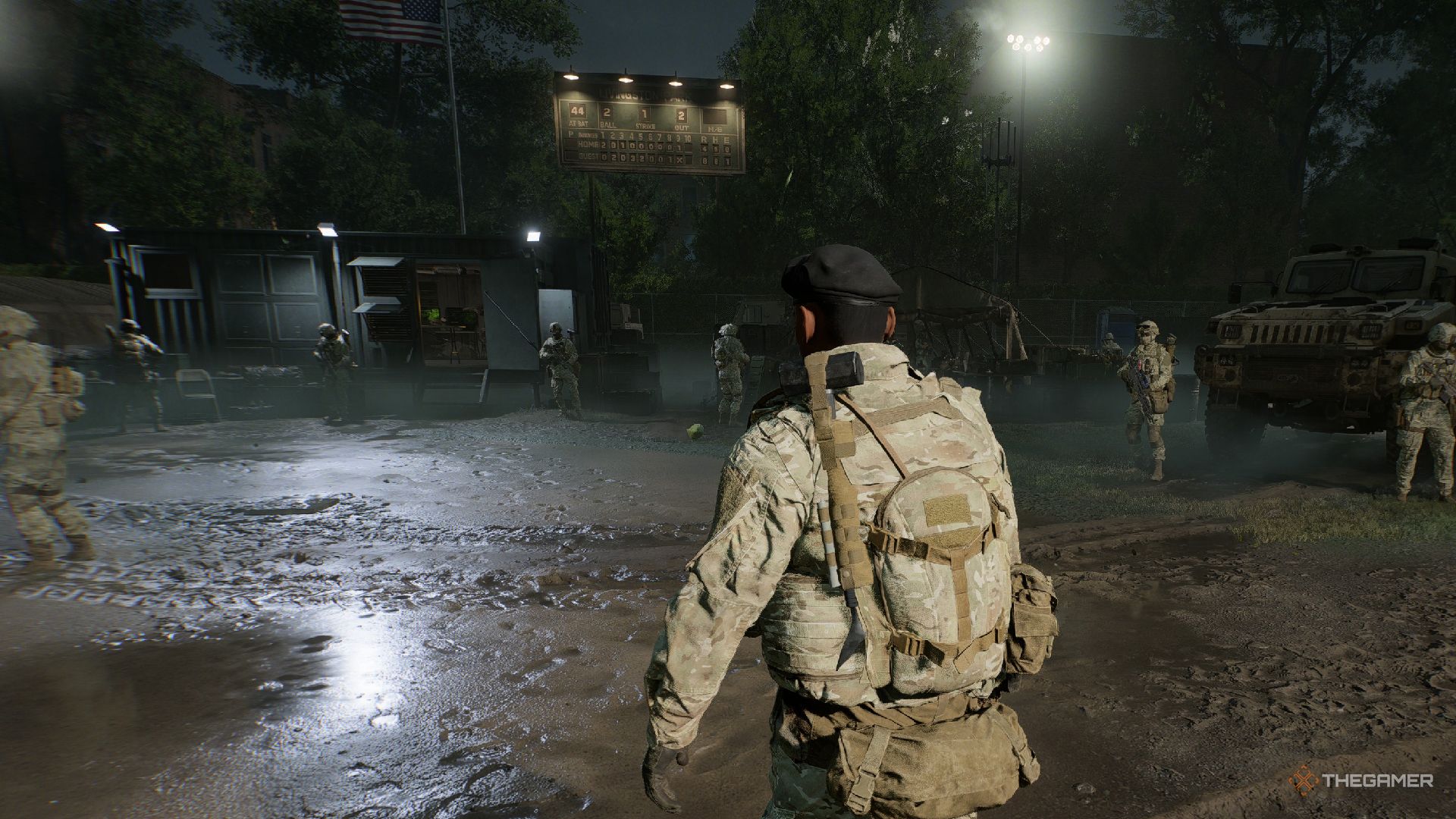 Battlefield 6 soldiers crowded in a military base in New York.