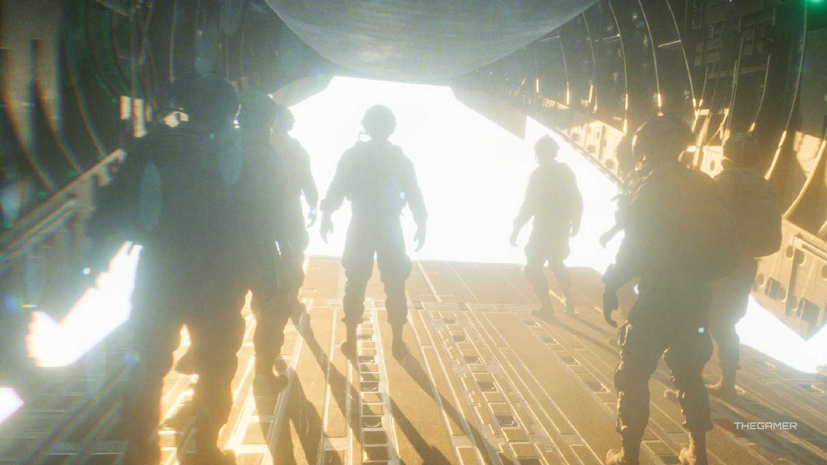 Battlefield 6 soldiers who are getting ready to dive out of a plane.