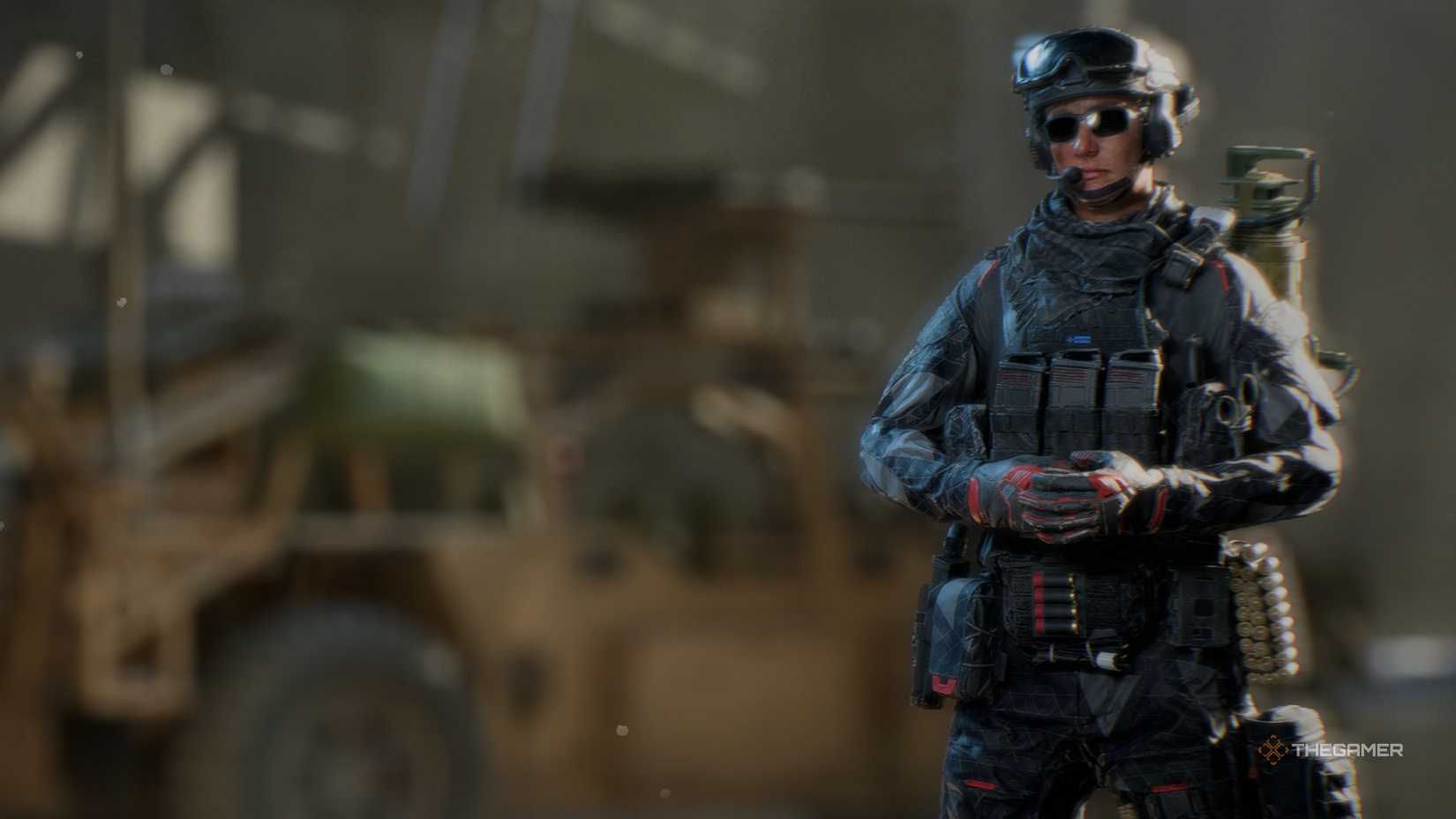 Battlefield 6 support troop standing with his hands held together.