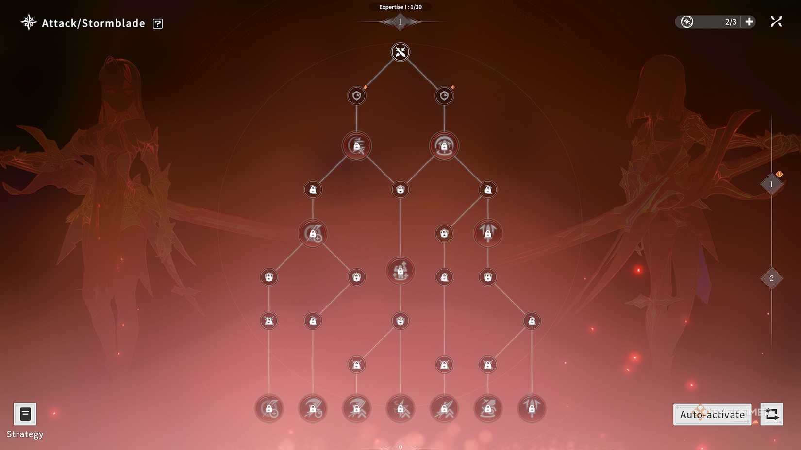 Blue Protocol Star Resonance Stormblade Attack Talent Skill Tree on a red background.