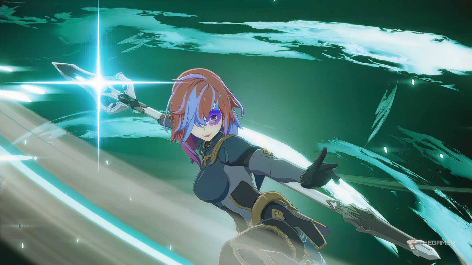 An avatar with red and blue hair that attacks with a whirlwind spear.