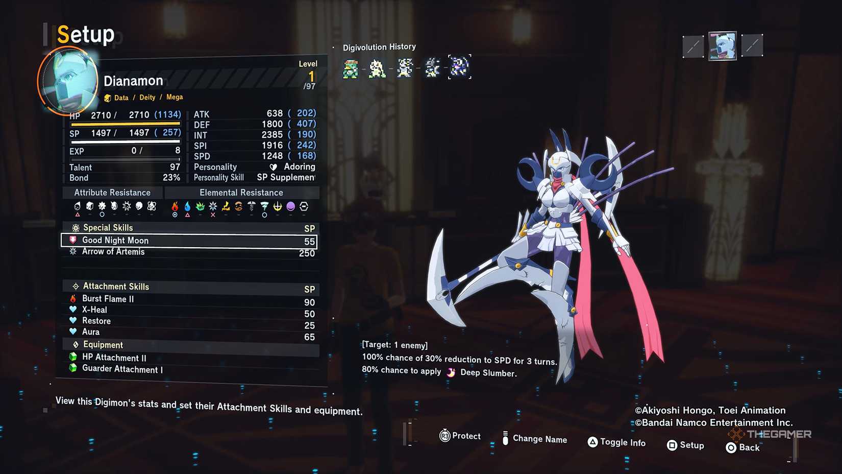 Dianamon's stats after Digivolution in Digimon Story Time Stranger.