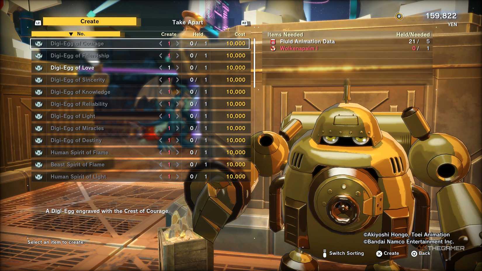 Crafting Digi-Eggs with Guardromon (gold) in Digimon Story Time Stranger.