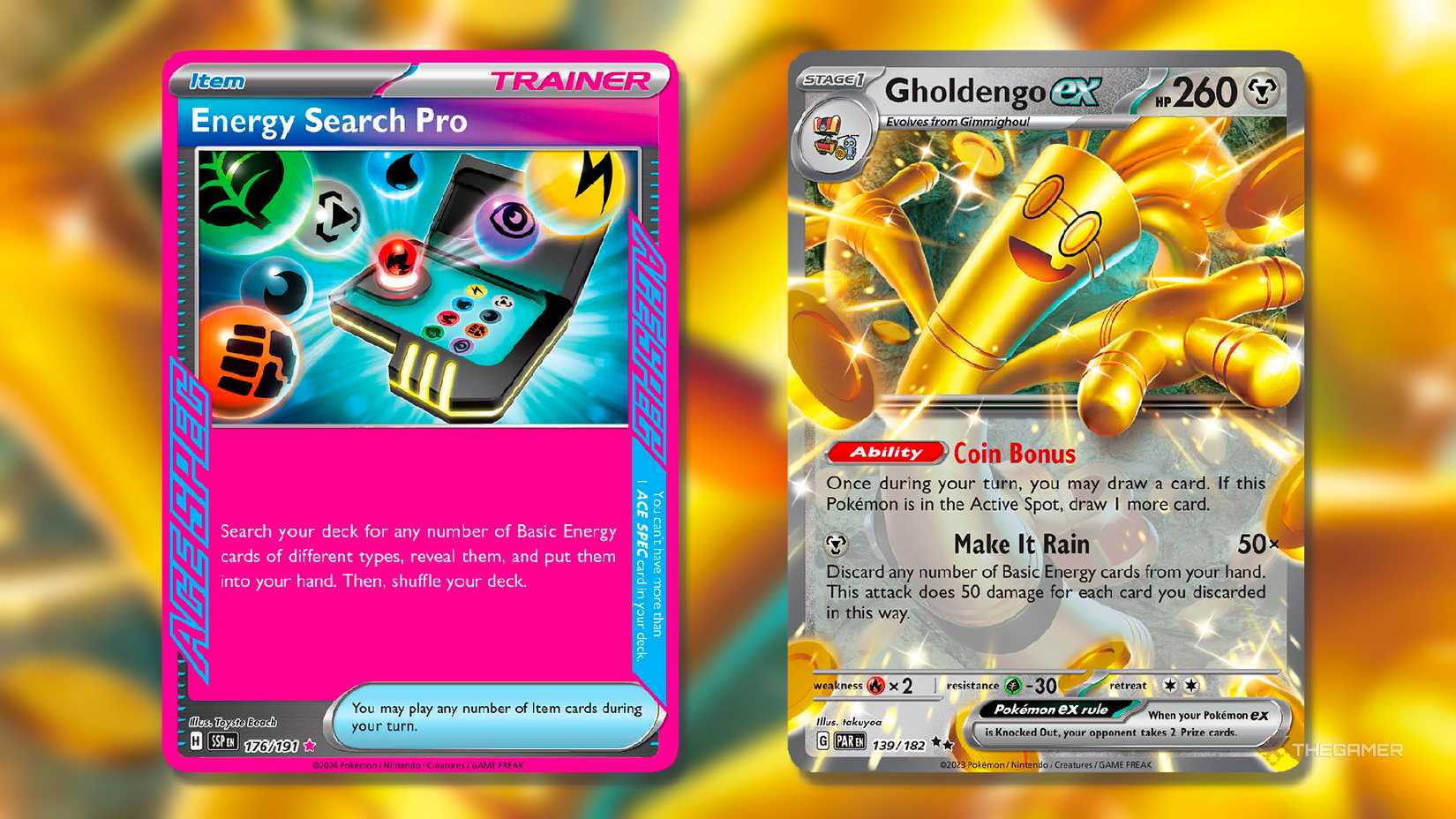 Energy Search Pro (AACS Specials Rare, 166) and double rare, 1,19) from the skollet and the purple era of Gokmone TCG.