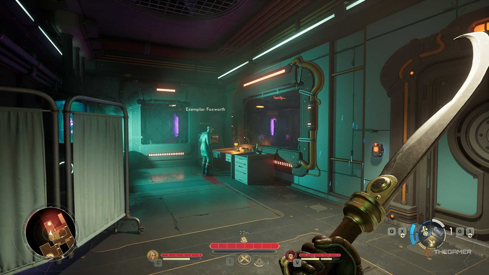 Exploring N-Ray coverage in The Outer Worlds 2. An NPC named Exemplar Foxworth can be seen at the work desk. There's some blood on the floor.