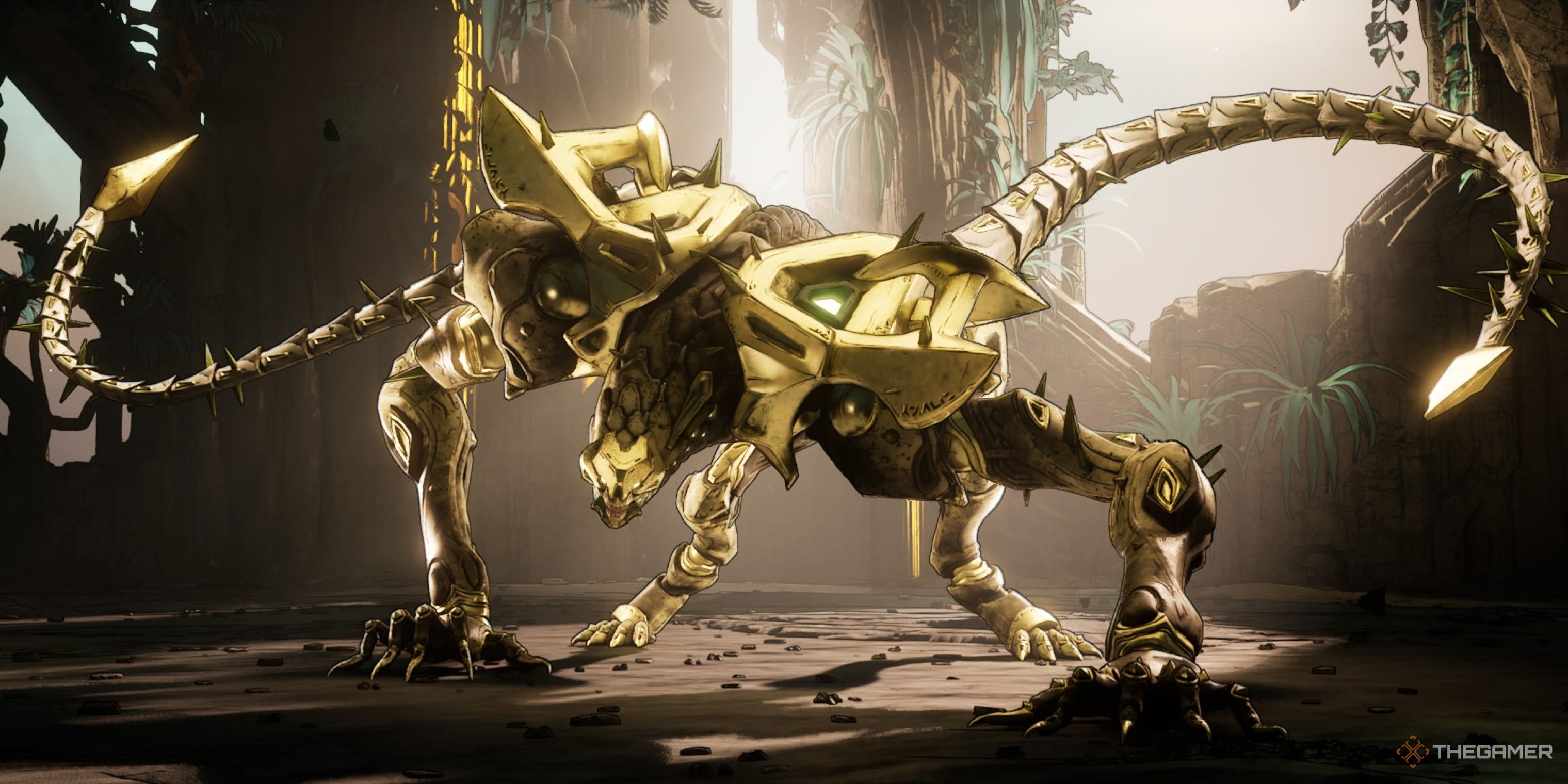 Close-up of Inceptus digging its claws into the ground and waving its tails as it prepares for battle in Borderlands 4.