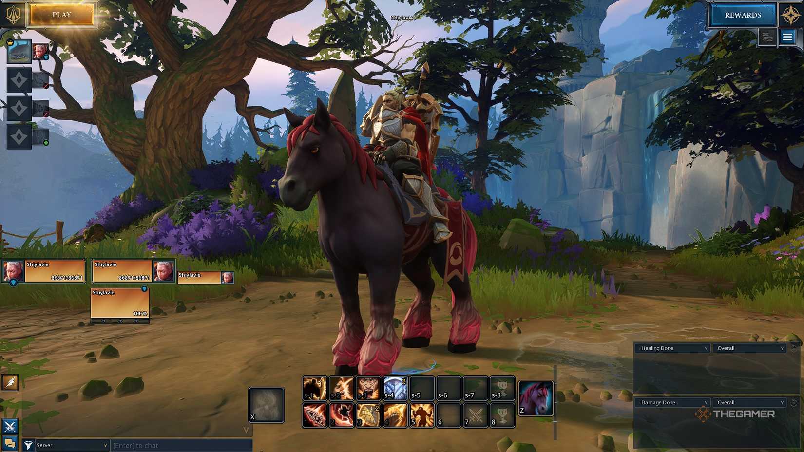 The Fellowship of Helena on a red horse in the forest around the fortress.