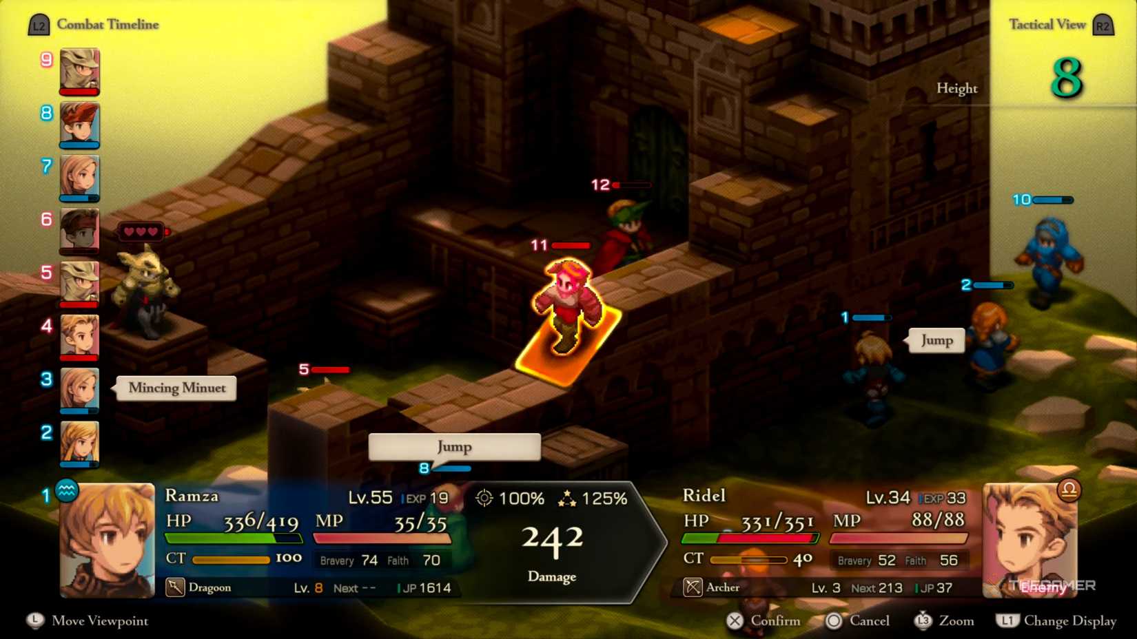 Ramza executing his Jump attack on an Archer, dealing mass amounts of damage in Final Fantasy Tactics: The Ivalice Chronicles.