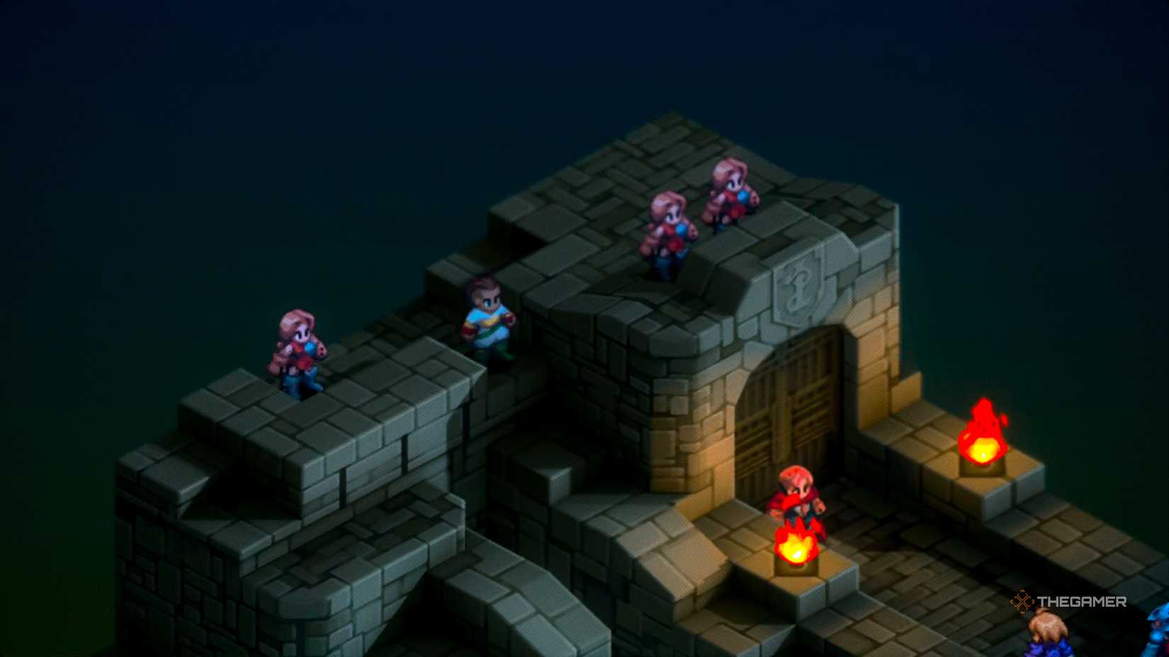 Marach looking down on Ramza and Rapha from atop Riovanes Castle in Final Fantasy Tactics: The Ivalice Chronicles.