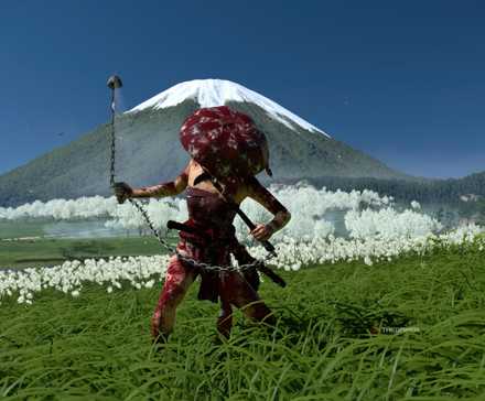 Atsu with kusarigama in fundoshi armour in Ghost of Yotei