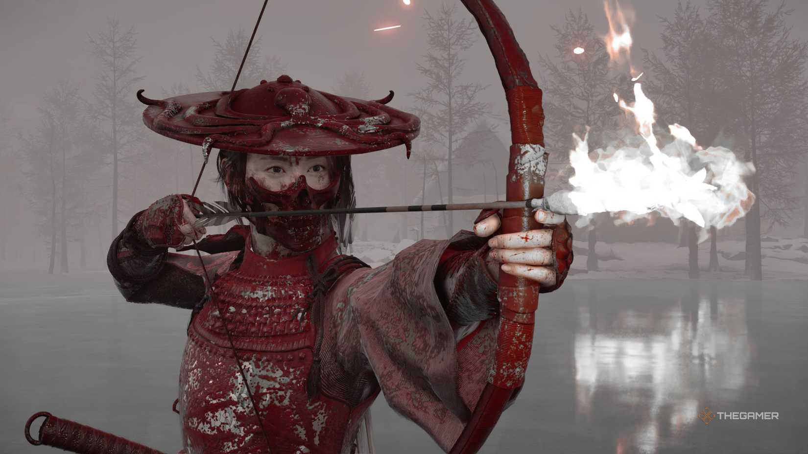 Atsu aiming a fire arrow in Ghost of Yotei