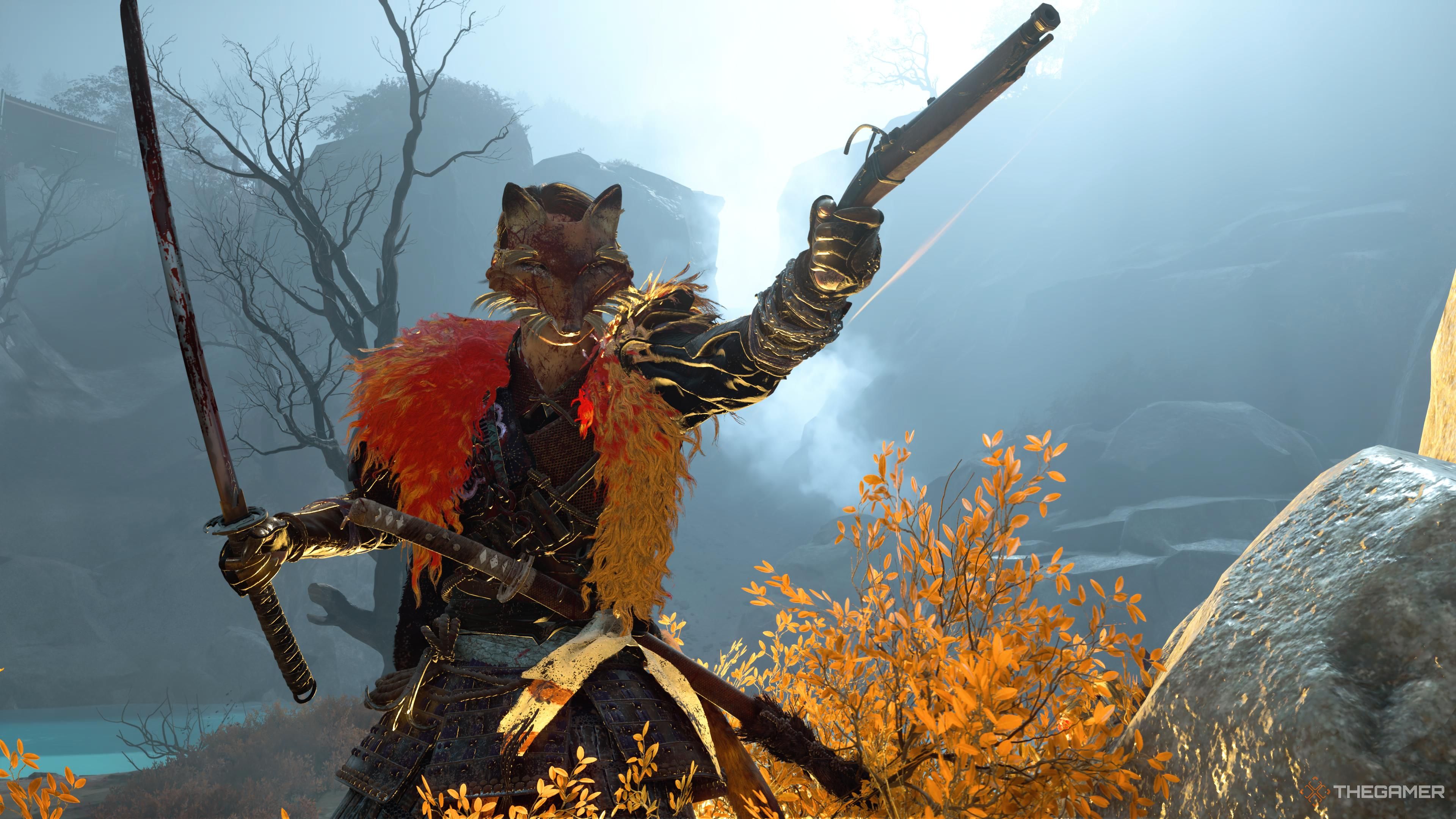 Atsu with a katana and gun in Ghost of Yotei