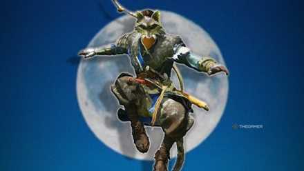 Ghost of Yotei Sly Cooper outfit Atsu in front of a moon.