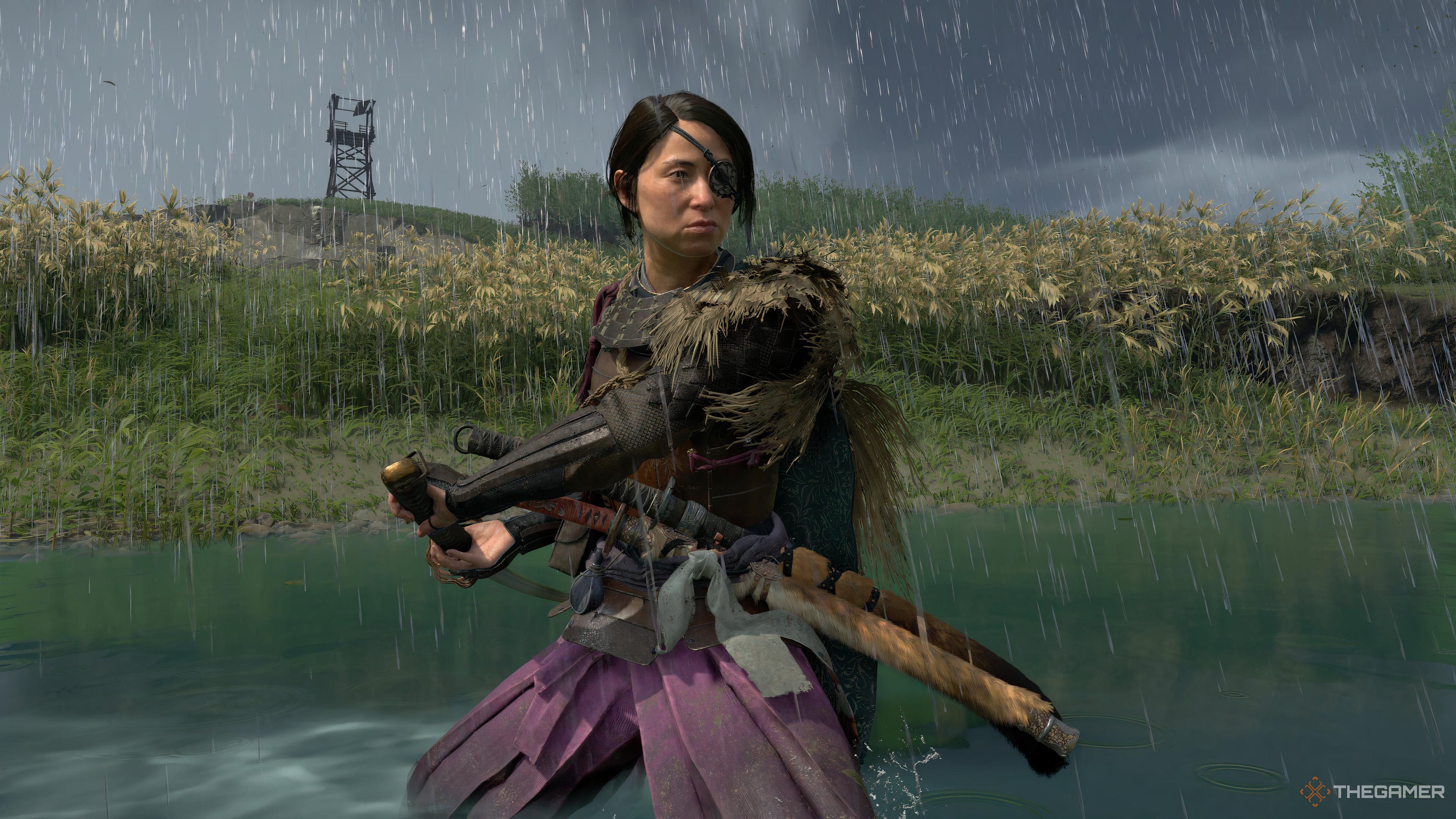 Atsu standing in water in Ghost of Yotei.