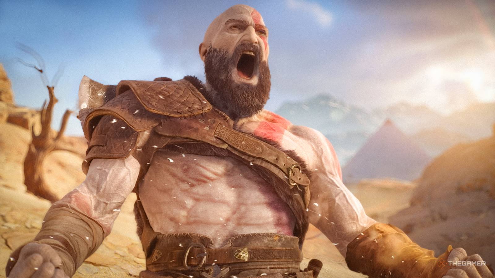 God of War Kratos yelling in front of a pyramid from Assassins Creed Origins.