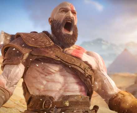 God of War Kratos yelling in front of a pyramid from Assassins Creed Origins.